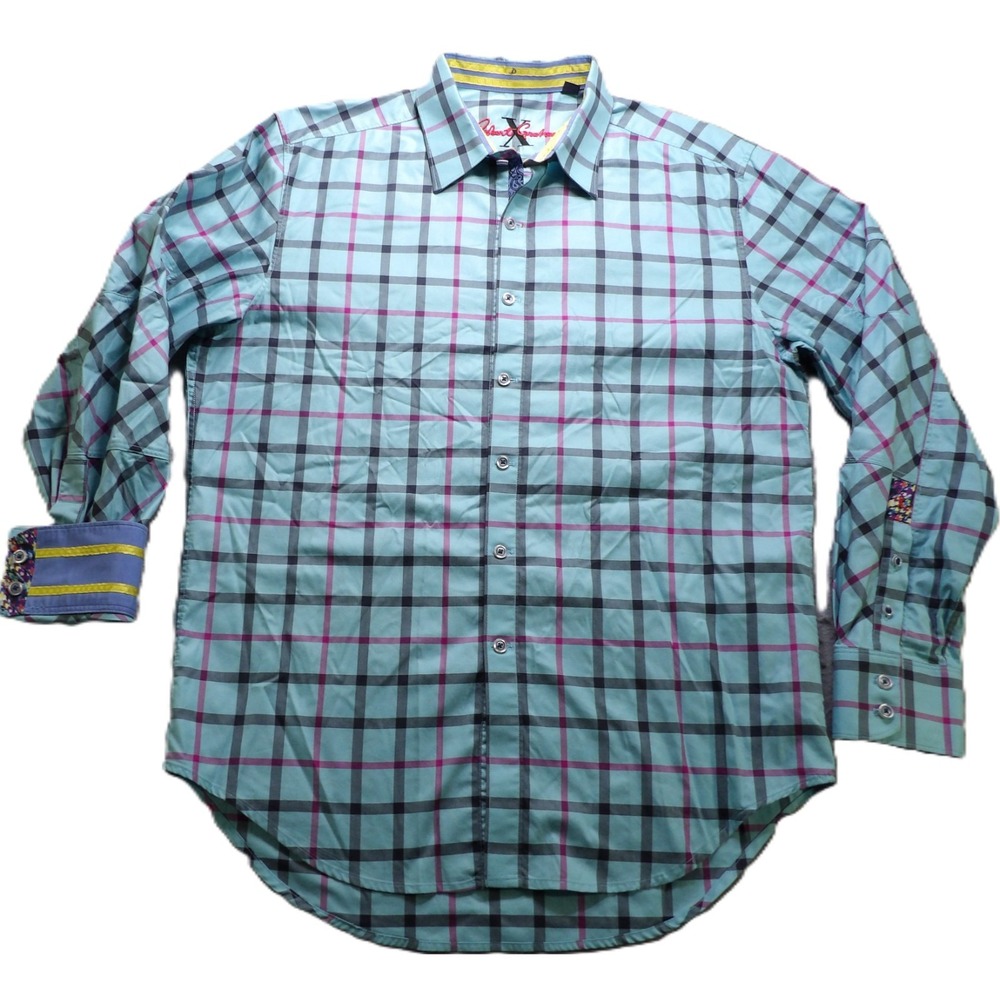 Robert Graham Plaid Long Sleeve Button Down Shirt Cotton Men L Blue Casual Sport